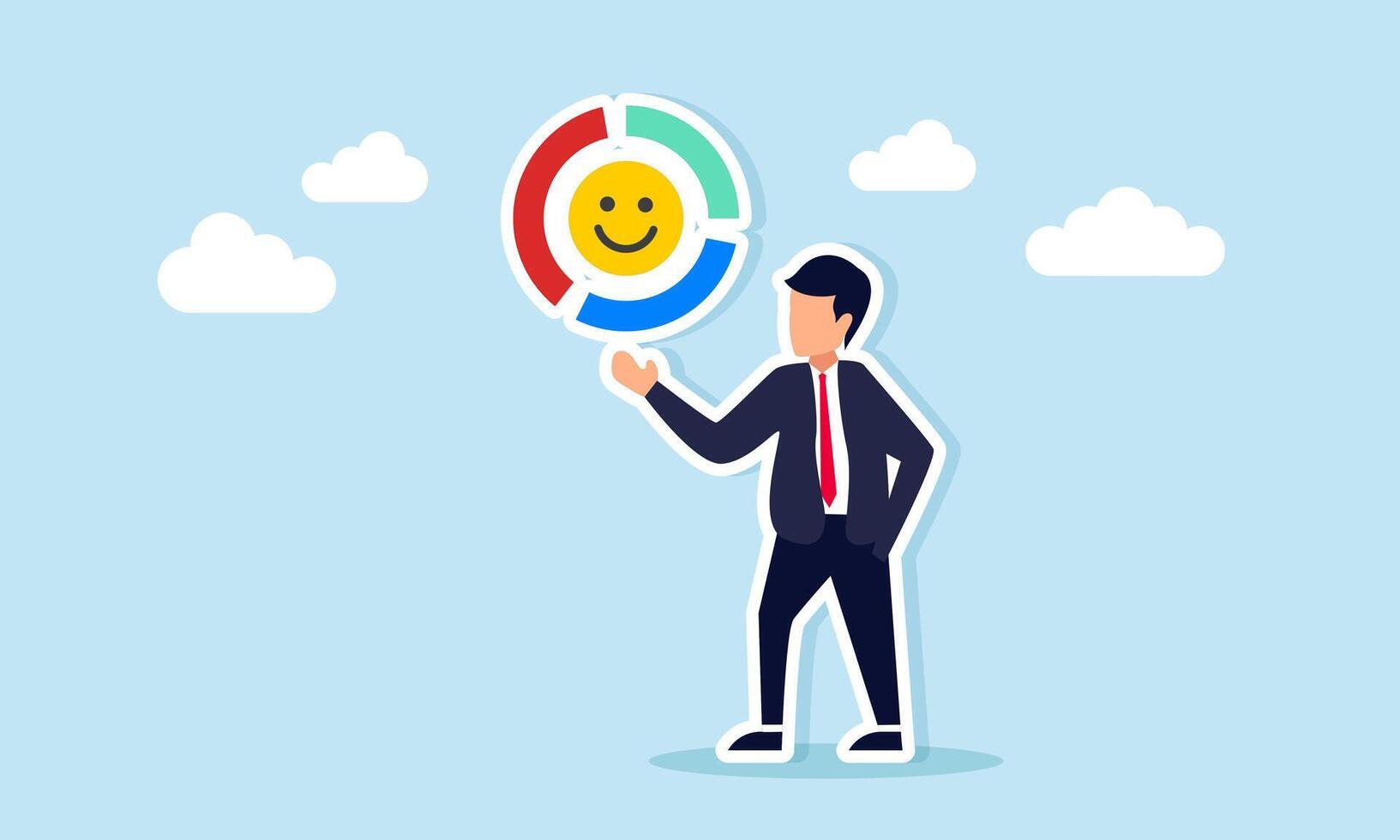 Businessman showing circle chart with happy emoticon inside illustration of diversification classification or distribution of market attention rate to business vector