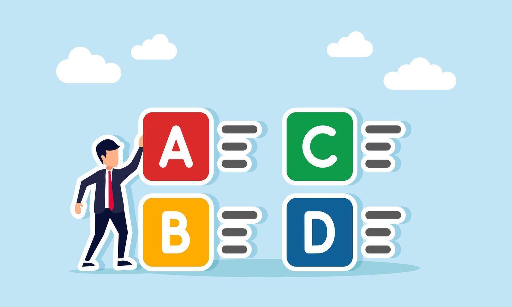 Businessman standing next to a multiple choice with ABCD letters, illustration of organizing mitigation or planning related to business strategy vector