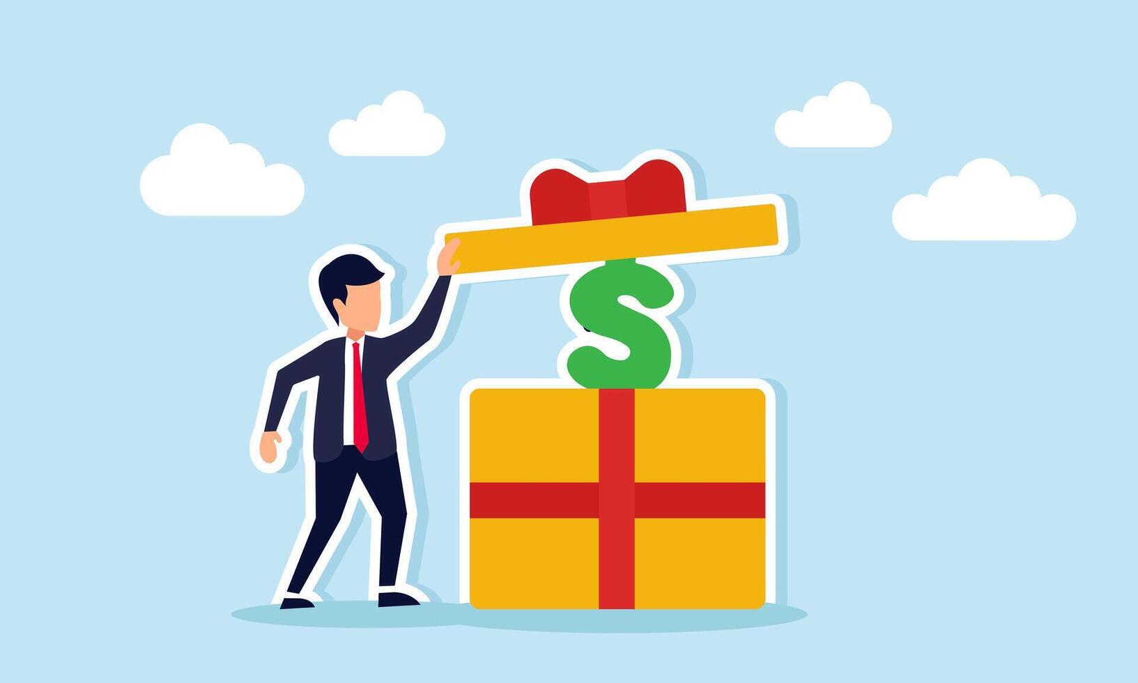 Businessman opening a gift box containing a dollar sign, illustration of dividend distribution on stock ownership vector