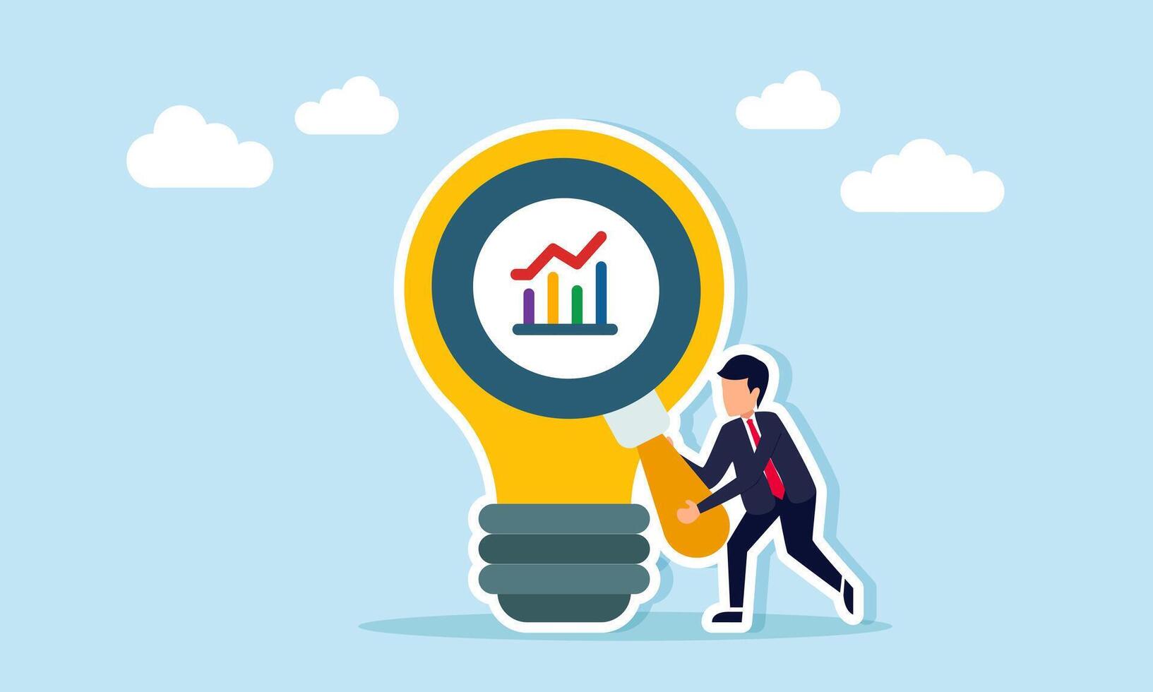 Businessman standing next to a lamp holding a magnifying glass observing a graphic, illustration of evaluating and analyzing business performance with business idea application vector