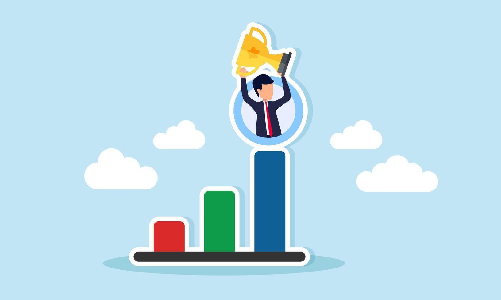 Businessman holding a trophy out of a circle at the peak of a graph, illustration of business performance improvement vector