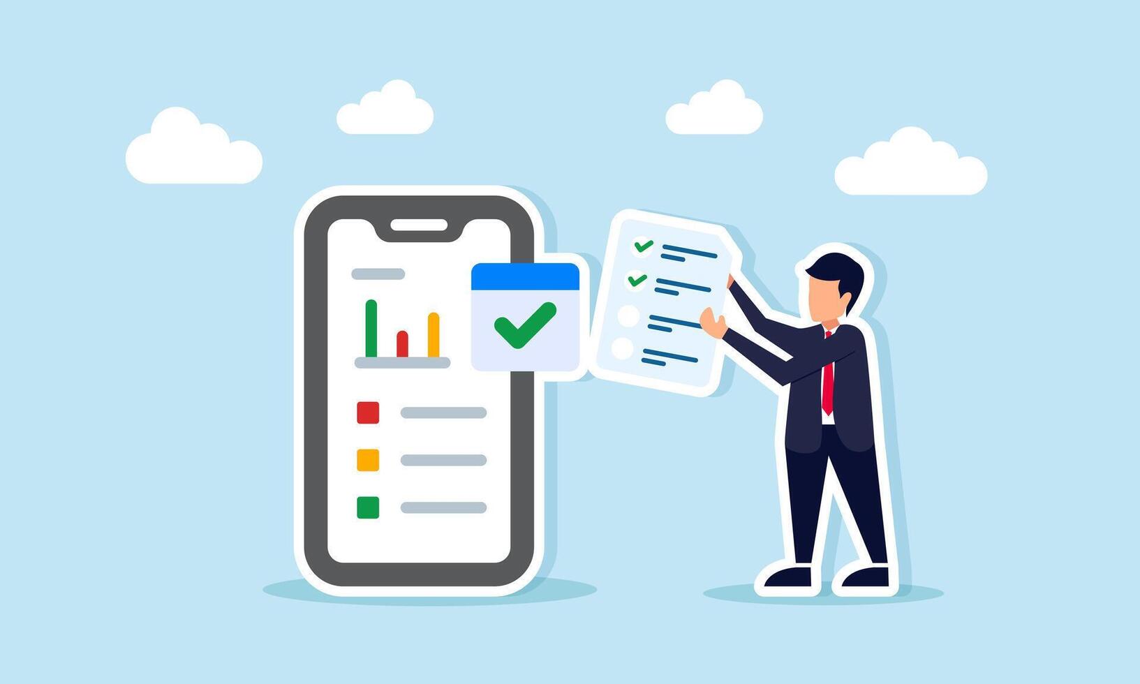 Businessman holding a document checklist beside a smartphone displaying a graph chart illustration of monitoring business project performance and progress vector