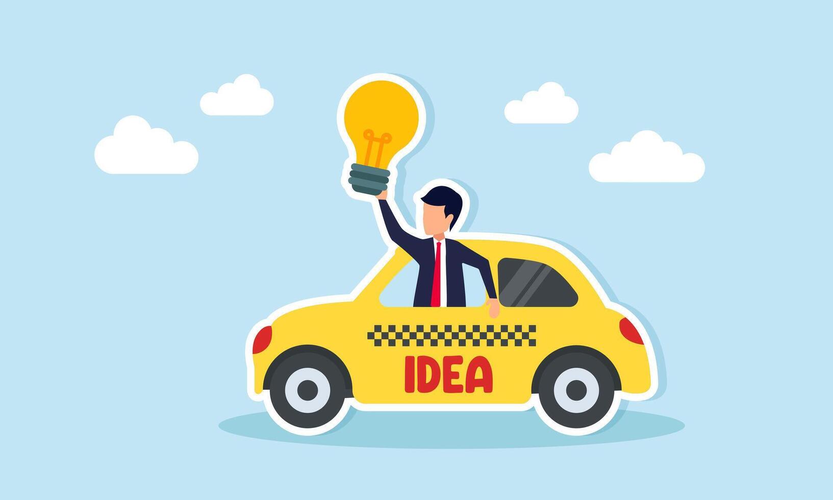 Businessman appearing from the window of a vehicle labeled IDEA while holding a light bulb illustration of idea offers from others as valuable input for business vector