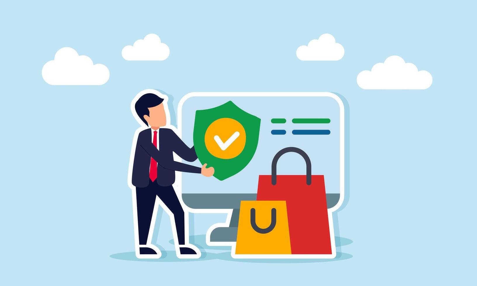 Businessman holding shield with check mark beside monitor displaying shopping cart icon, illustration of insurance in online shopping vector