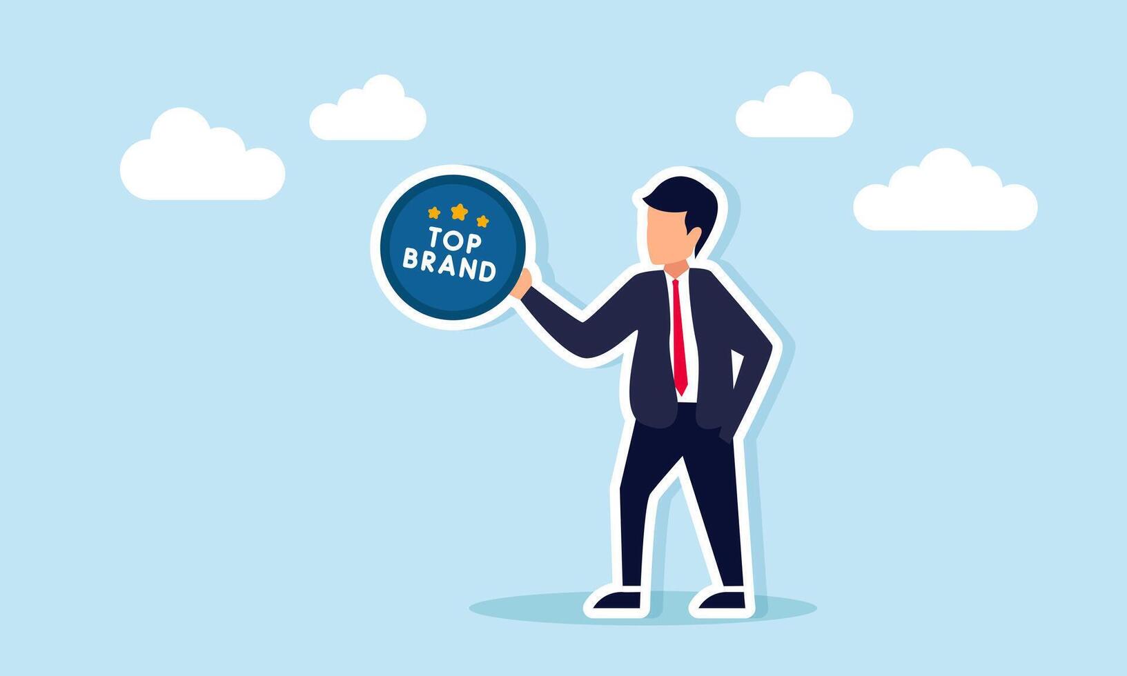 Businessman holding a star icon with TOP BRAND label illustration depicting a brand with significant public attention vector
