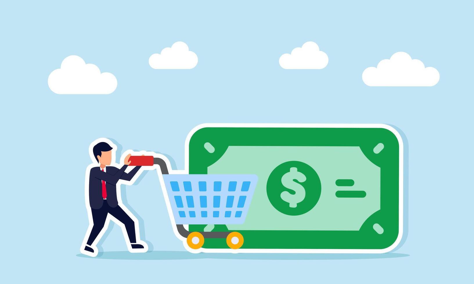 Businessman pushing cart towards dollar money illustration depicting strong financial foundation supporting business spending needs vector