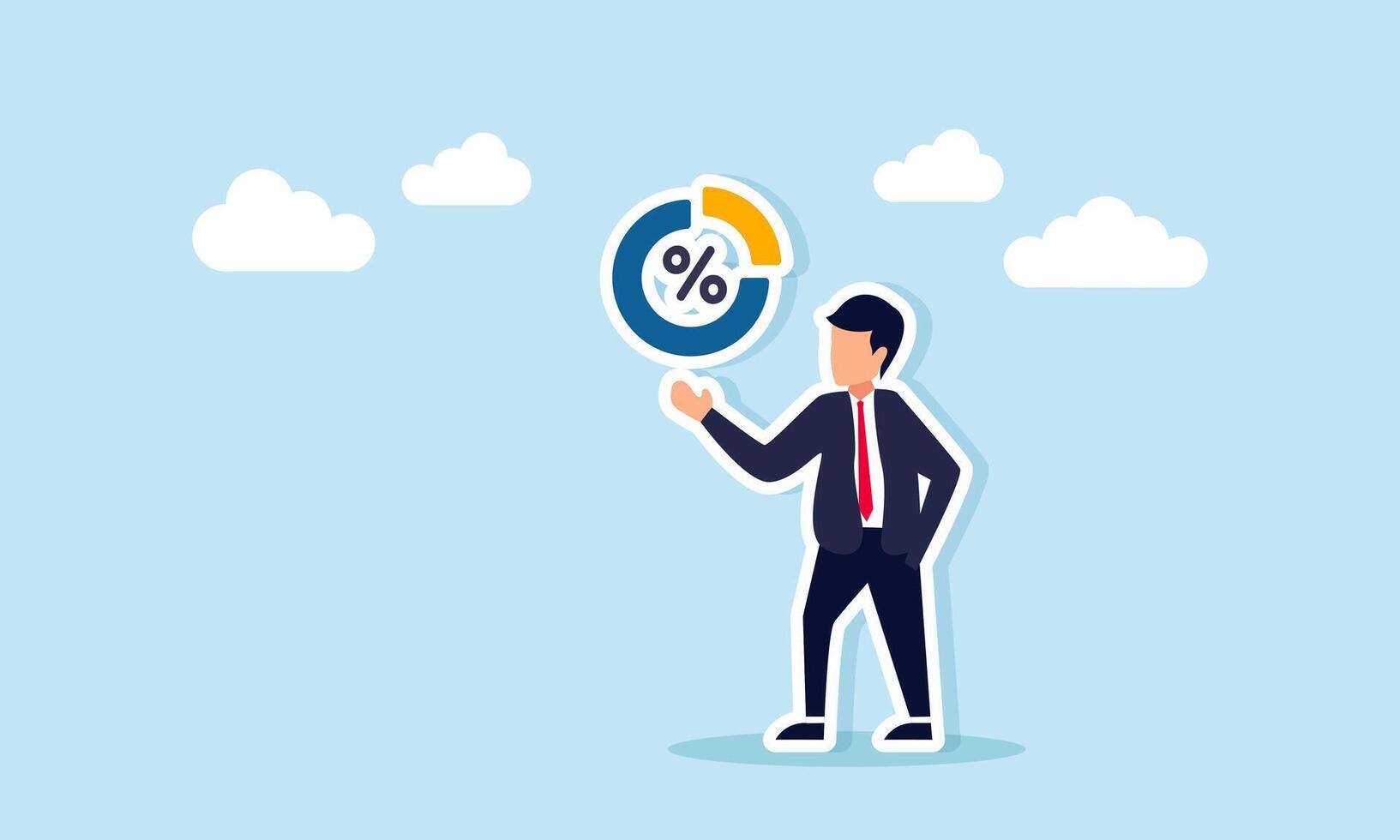 Businessman Presenting Pie Chart with Percentage Symbol Representing Presentation or Education on Dividend Profit or Market Share Distribution vector
