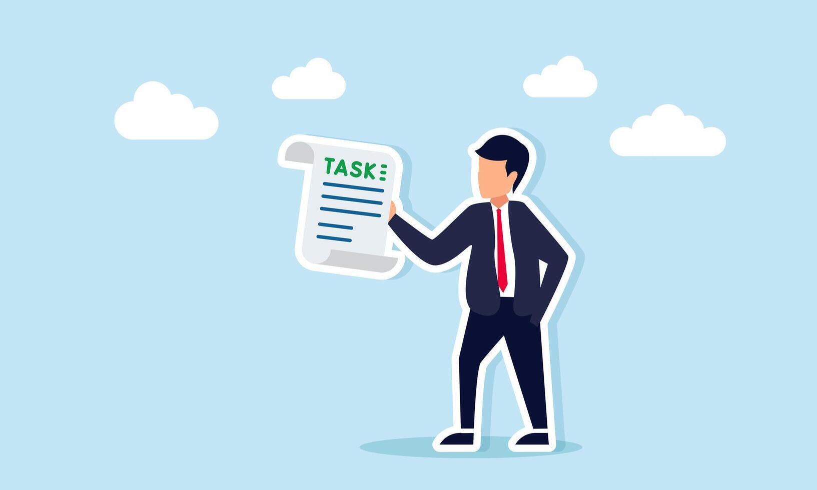 Businessman holding a task note illustration of learning procedures to complete business tasks vector