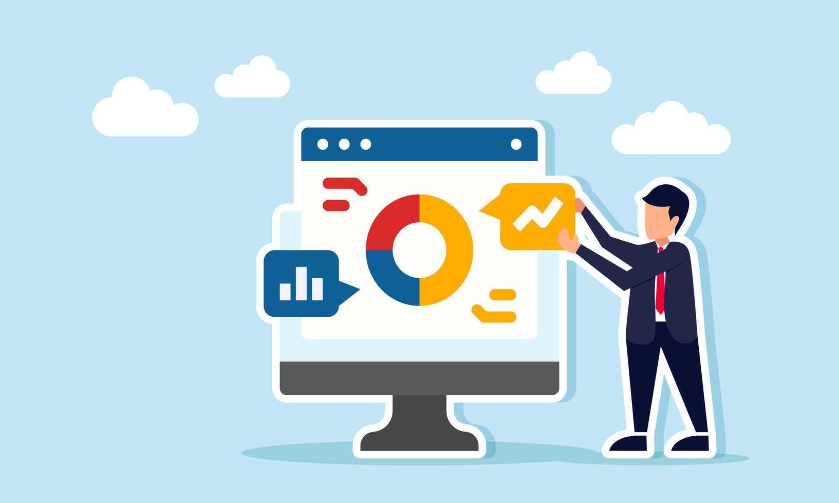 Businessman hold notes stand next to a monitor display an application interface with a pie chart and graph, illustration of prepare business or financial reports with graph visualization vector