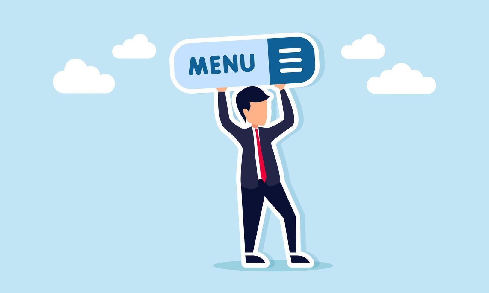 Businessman holding a sign with the word menu and a list, illustration of a call, persuasion, or campaign to check the menu list. vector