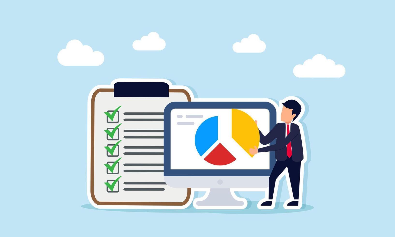 Businessman holding part of a pie chart from a monitor next to a checklist board illustration of calculation related to percentage of completed and ongoing projects vector