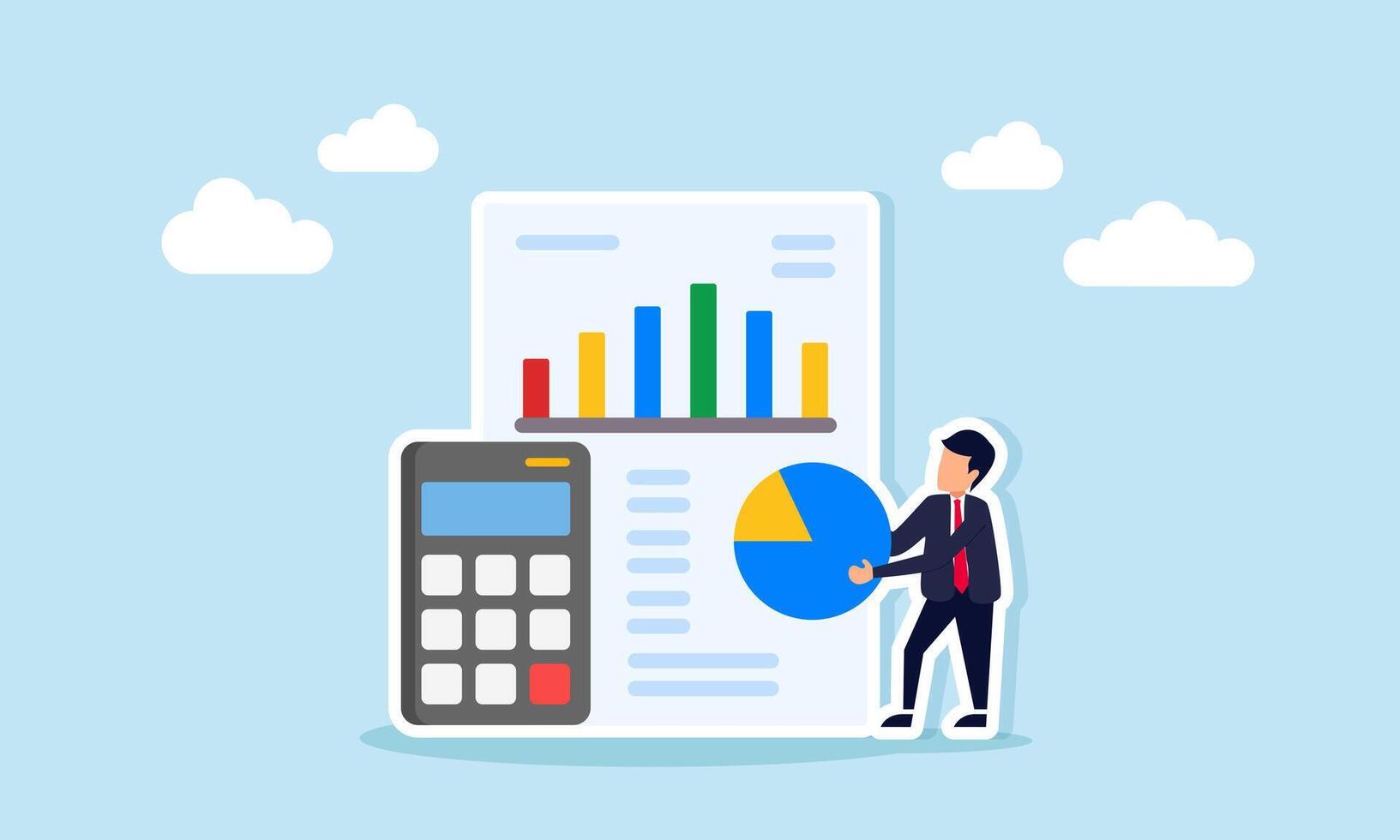 Businessman holding pie chart beside report paper showing chart and calculator illustration of data calculation for preparing business project report vector