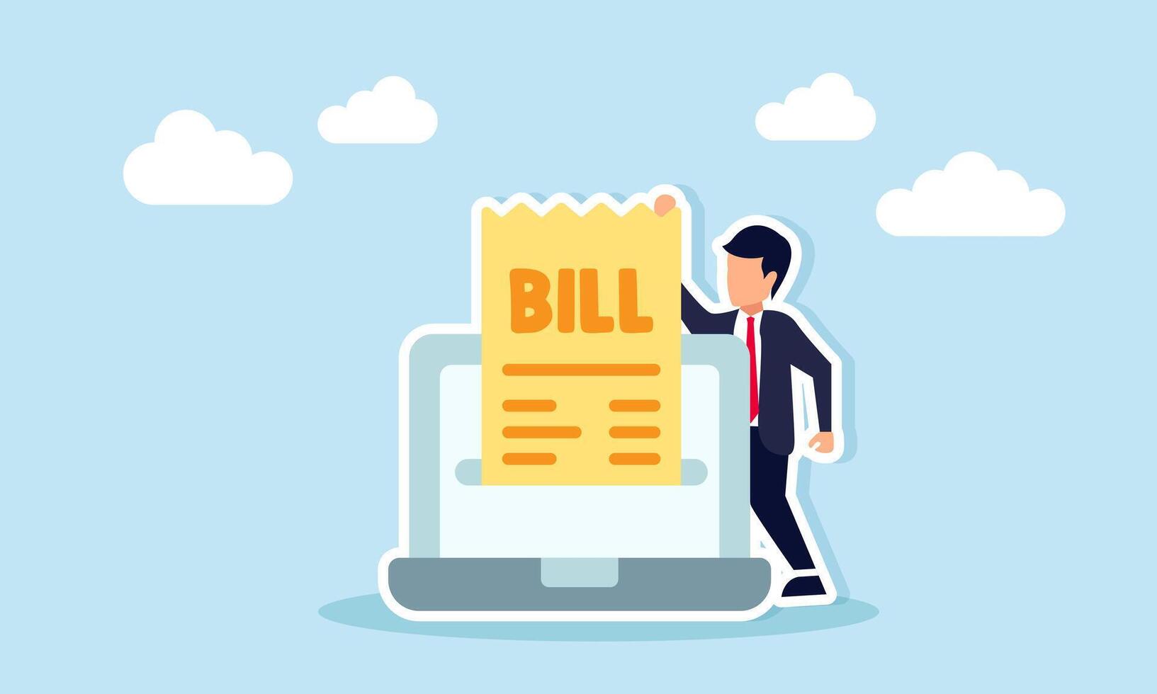 Businessman pulling bill labeled BILL from laptop screen illustration depicting digital transaction receipt system vector
