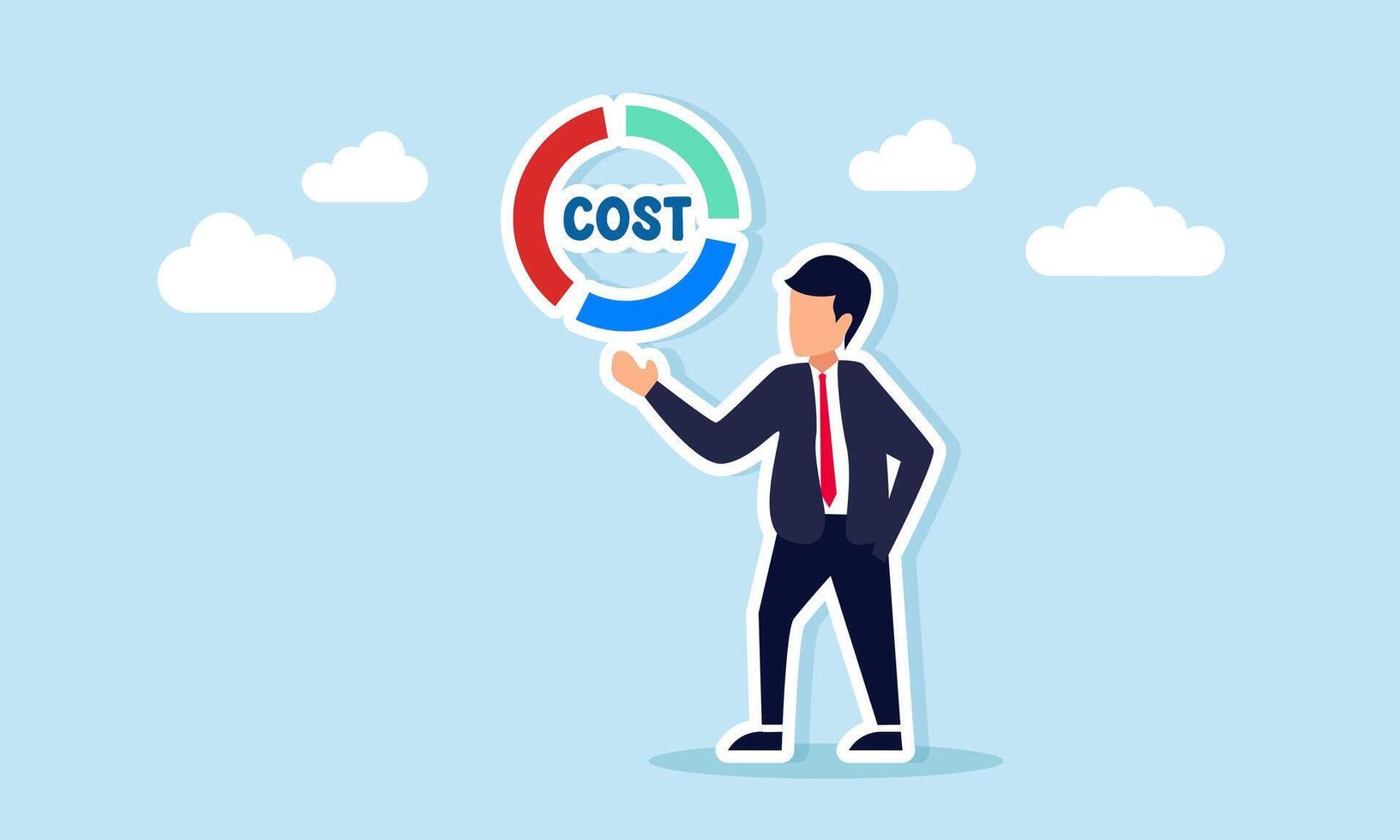 Businessman showing circle chart with COST text inside illustration of diversification classification or distribution of business expenses vector