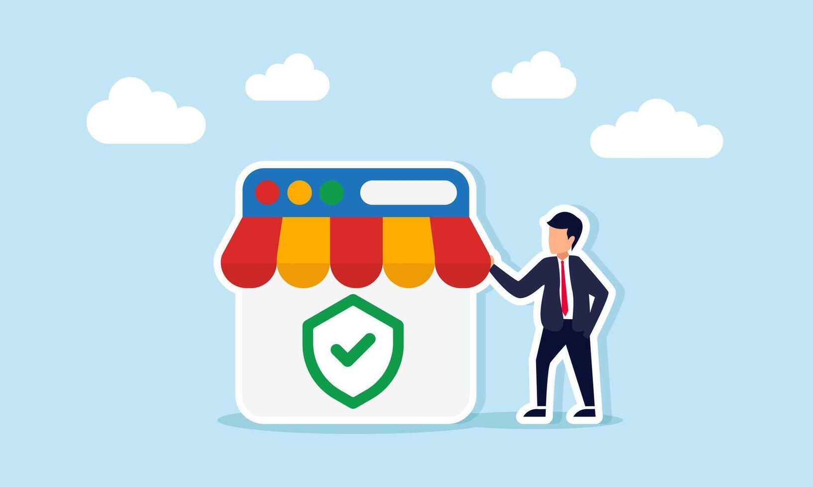 Businessman Standing Next to App Interface with Canopy Ornament and Green Checkmark Shield Representing Verified Seller in Marketplace vector