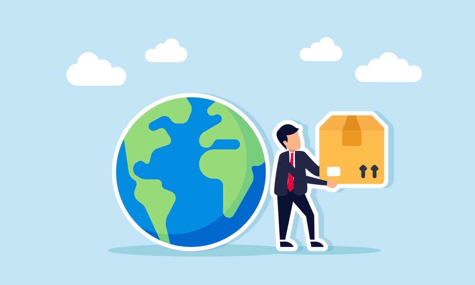 Businessman carrying package box beside globe illustrating international logistics business vector