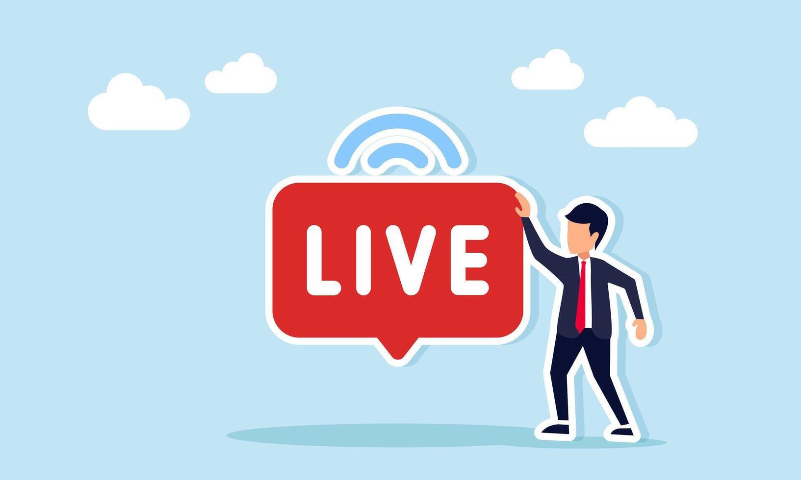 Businessman standing next to a live sign with signal, illustration of live streaming on social media vector