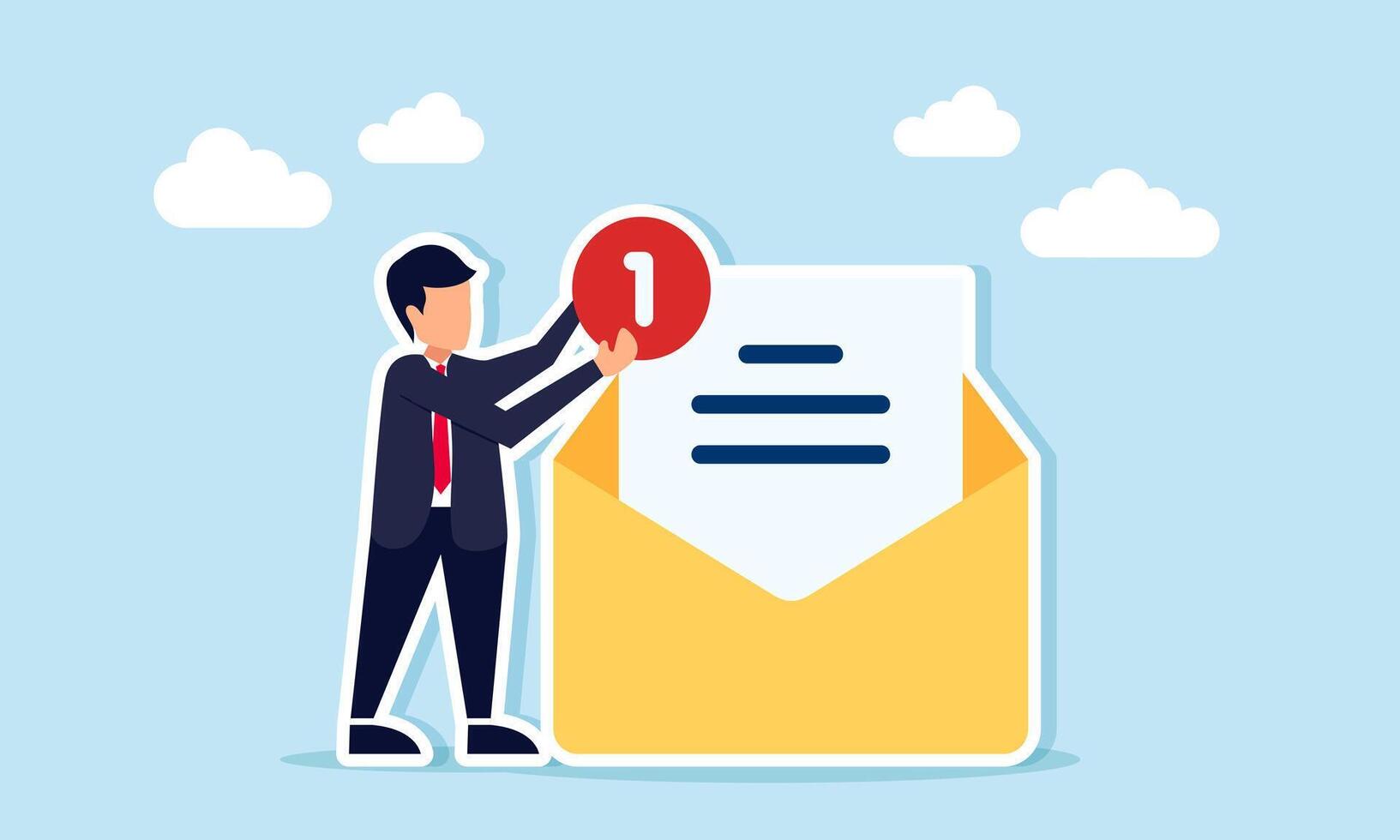 Businessman holding a notification sign standing next to a mail containing documents, illustration of mail related to business partnership offer vector