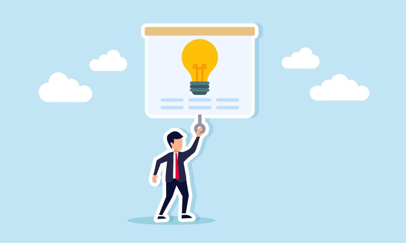 Businessman pulling a projector screen displaying a light, illustration of education, socialization, and promotion related to interesting and attractive ideas vector