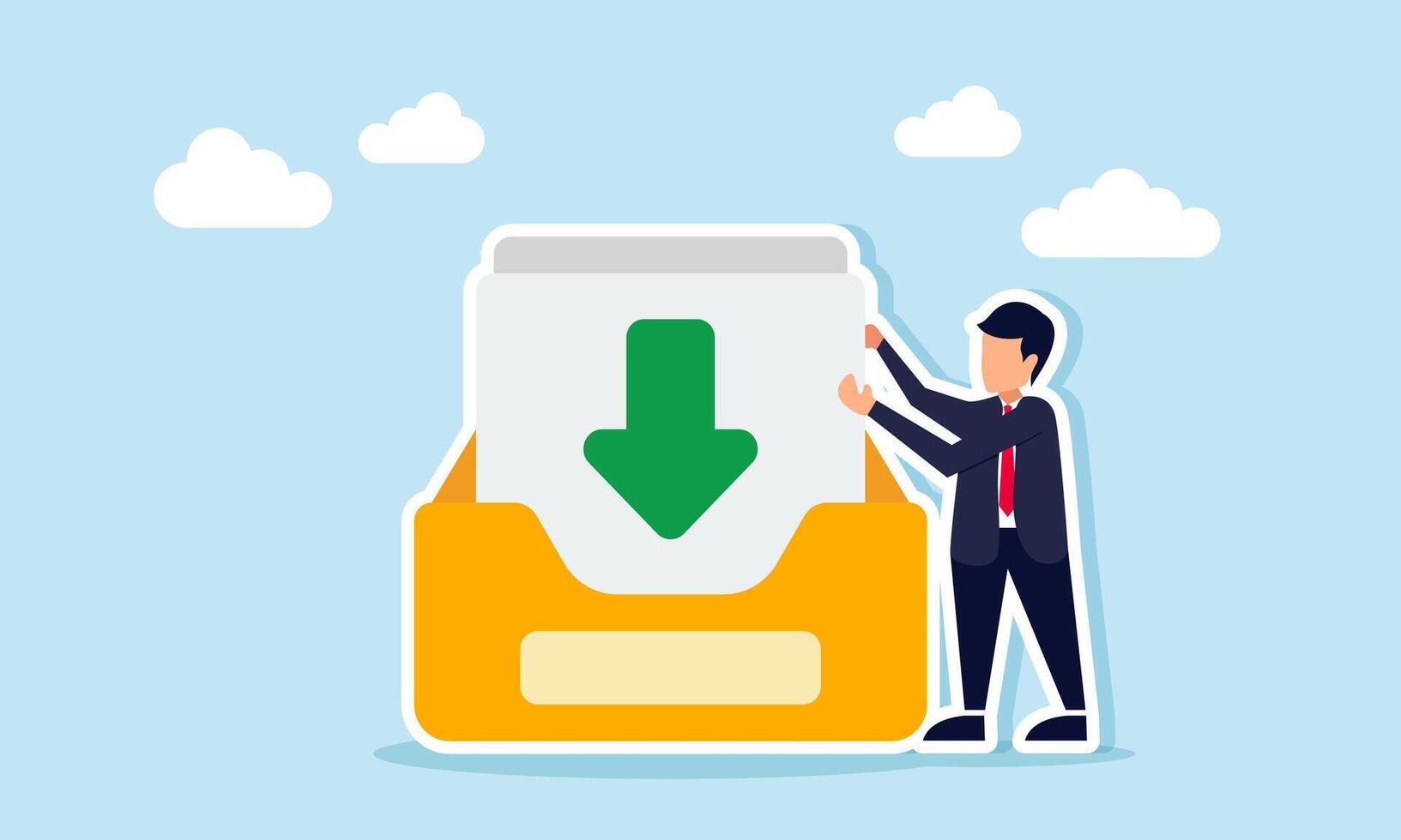 Businessman holding a paper with a downward arrow from a folder, illustration of preparing documents to download as part of business file requirements vector