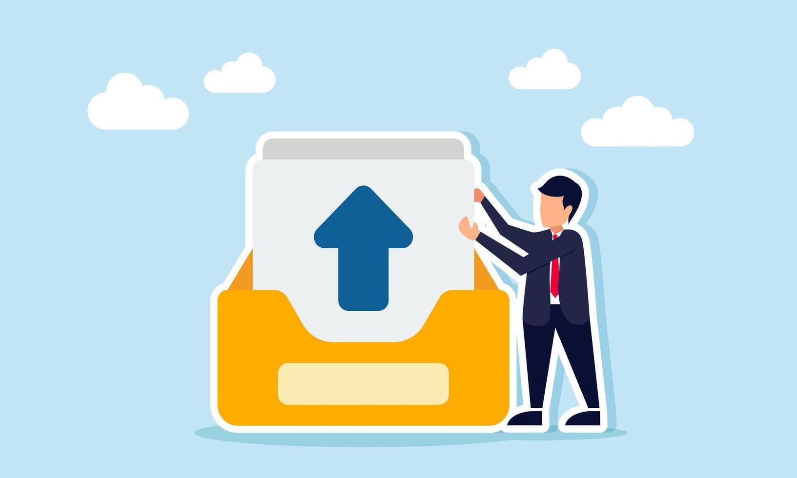 Businessman holding a paper with an upward arrow from a folder, illustration of preparing documents to upload as part of business file requirements vector