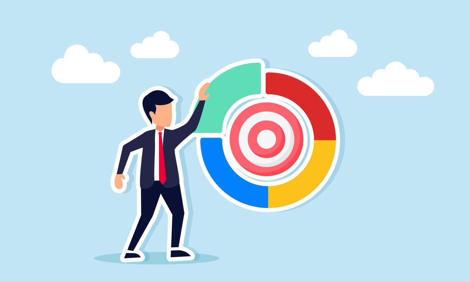 Businessman standing next to circle chart with target board inside illustration of diversification classification or distribution of business target load vector