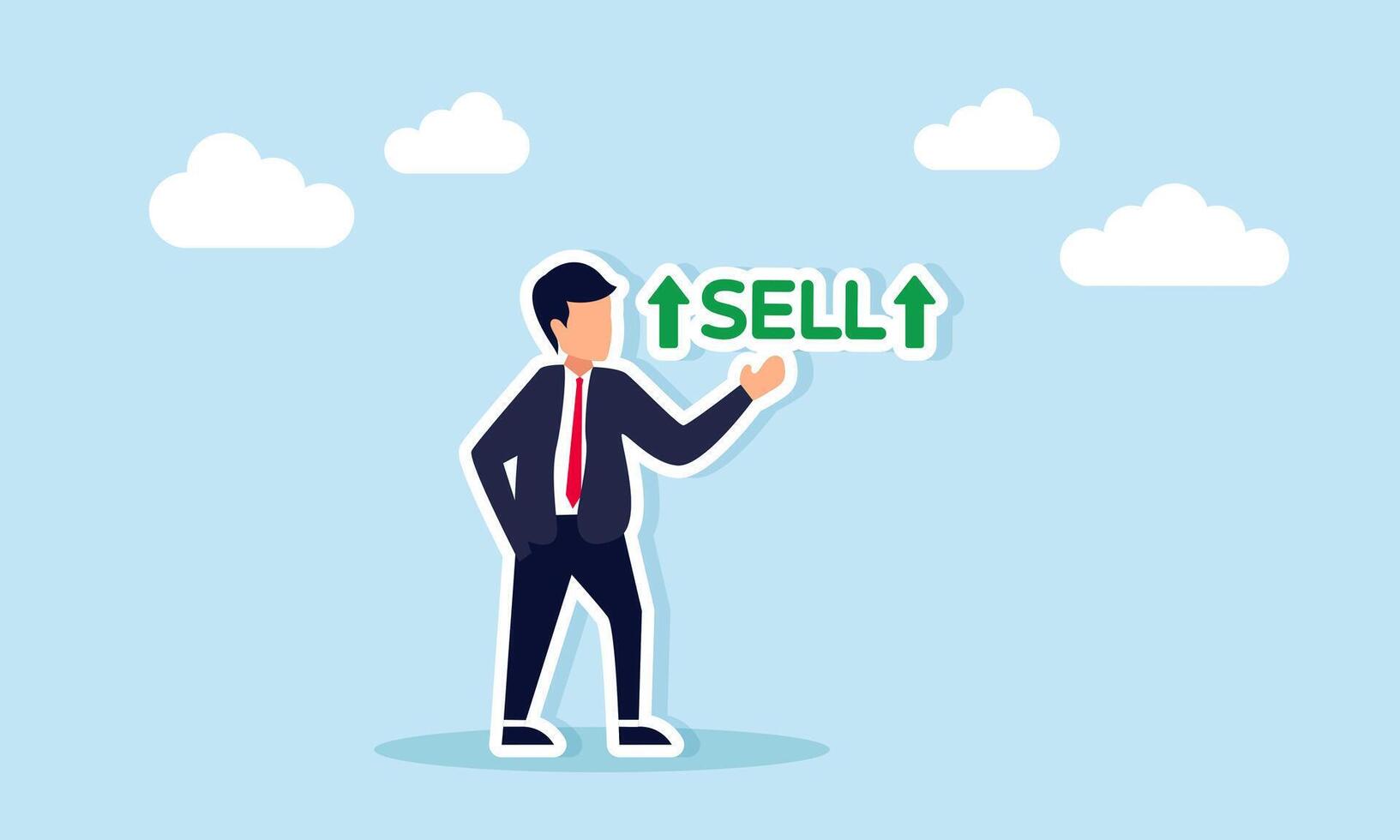 Businessman Showing SELL Text with Upward Green Arrow Illustration of Increasing Purchasing Power vector