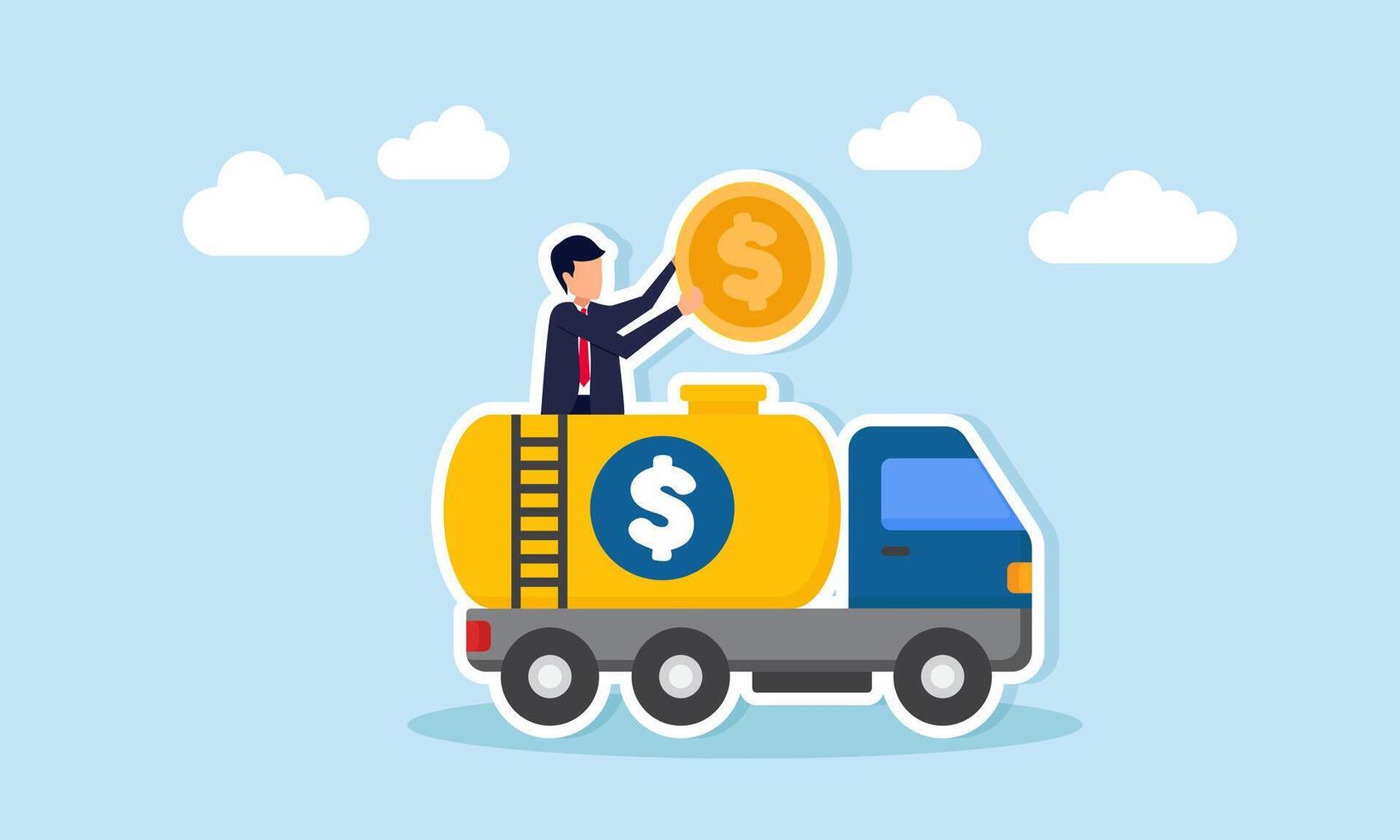 Businessman holding a dollar coin standing on a water tank truck with a dollar sign illustration of investor getting ready to provide financial input vector