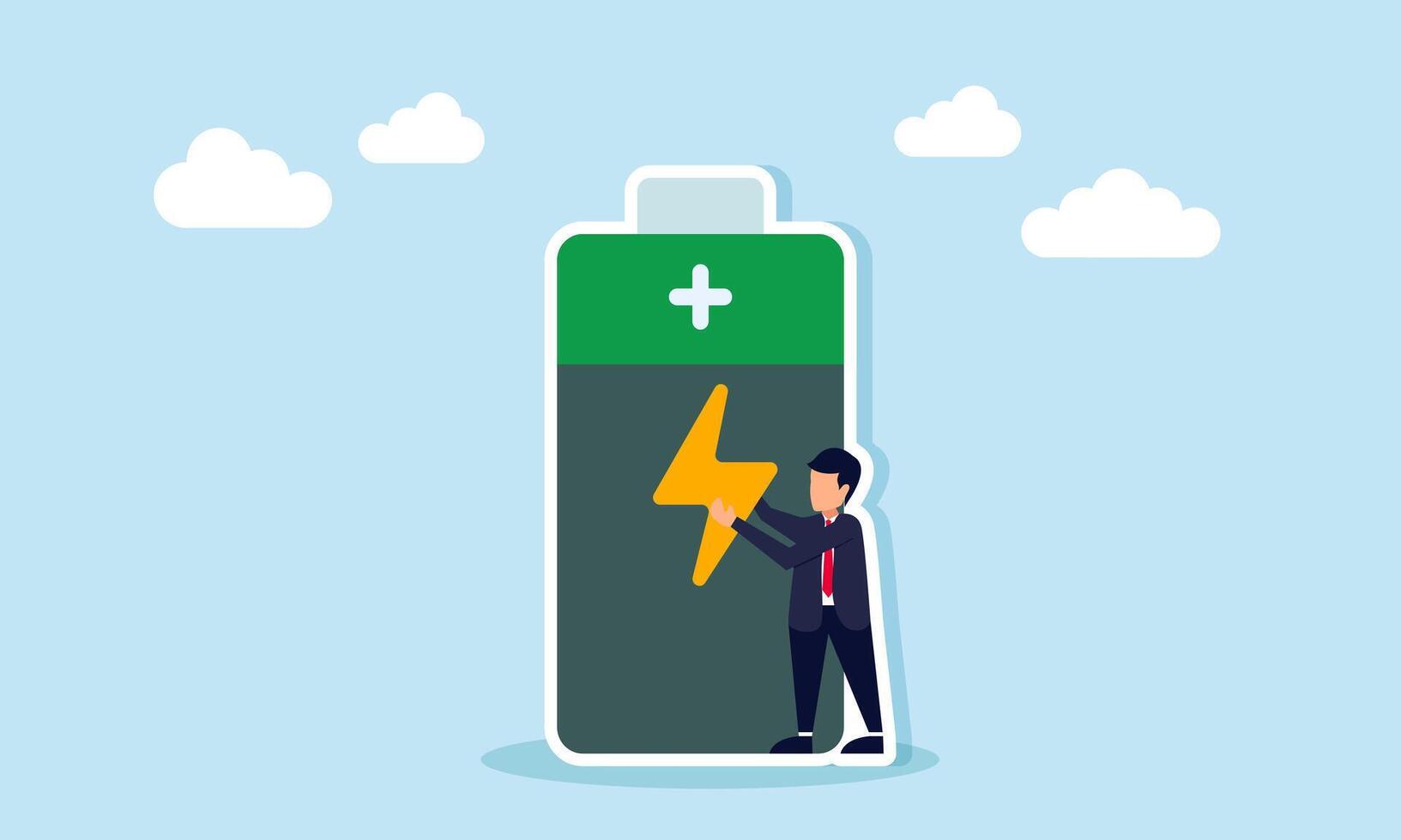 Businessman standing next to a full battery holding an electricity icon, illustration of resources ready for a business project vector