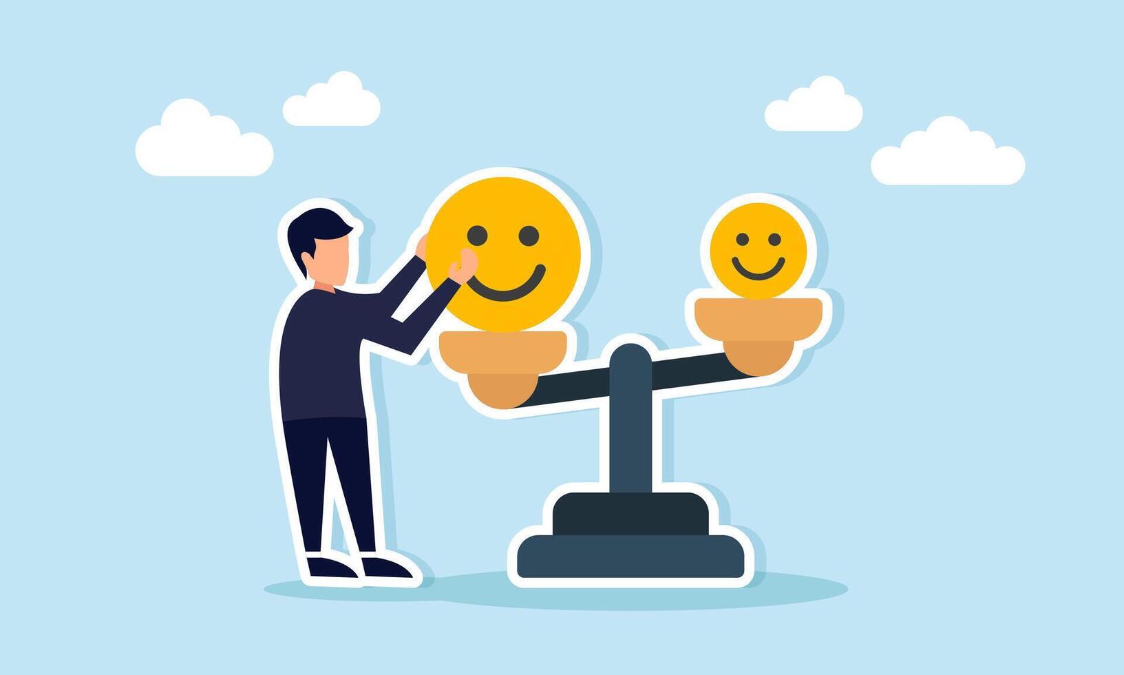 Businessman taking a large happy emoticon on a legal scale, illustration of taking the best positive side from public attention vector