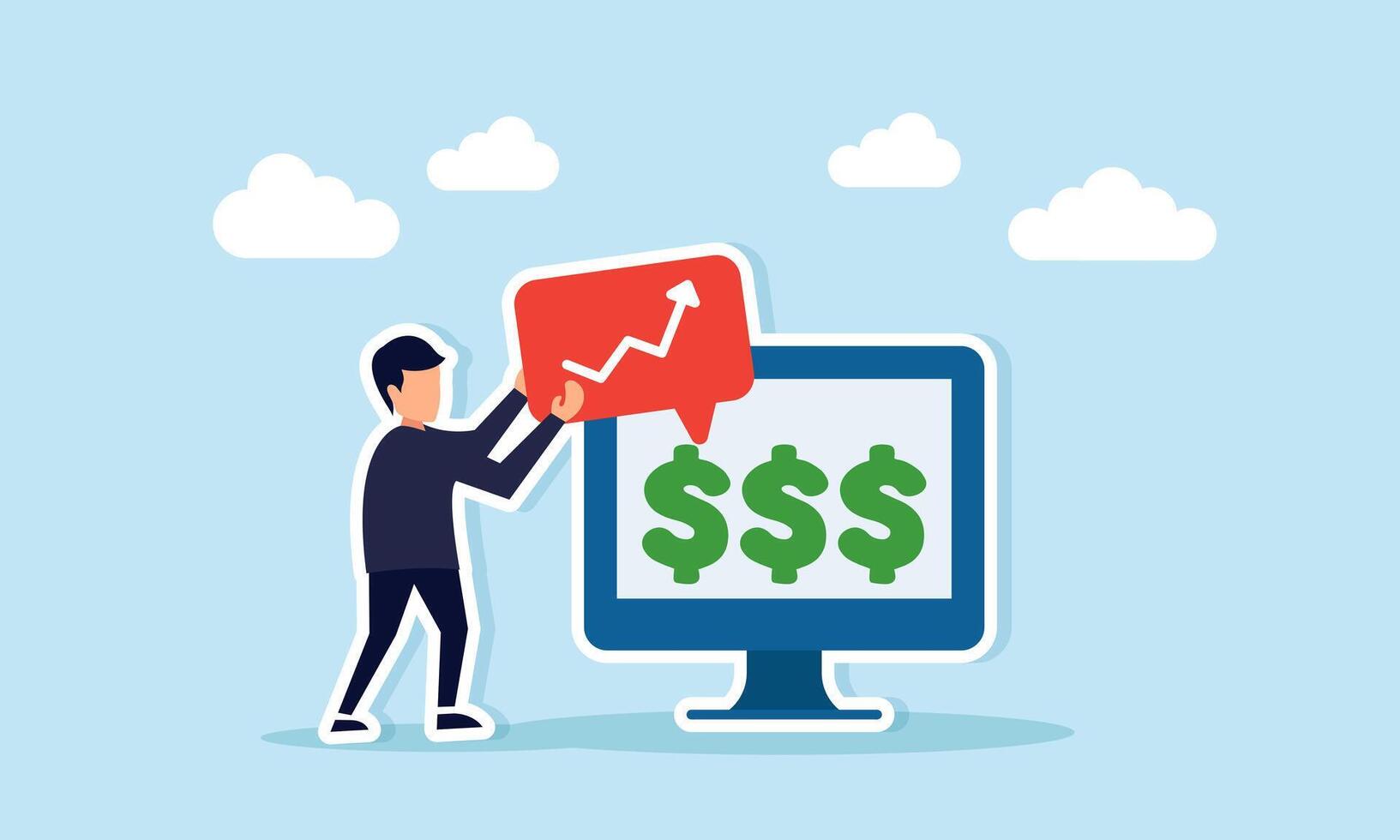 Businessman holding a check-marked chat dialog next to a monitor with three dollars, illustration of improving quality aligned with higher company profit vector