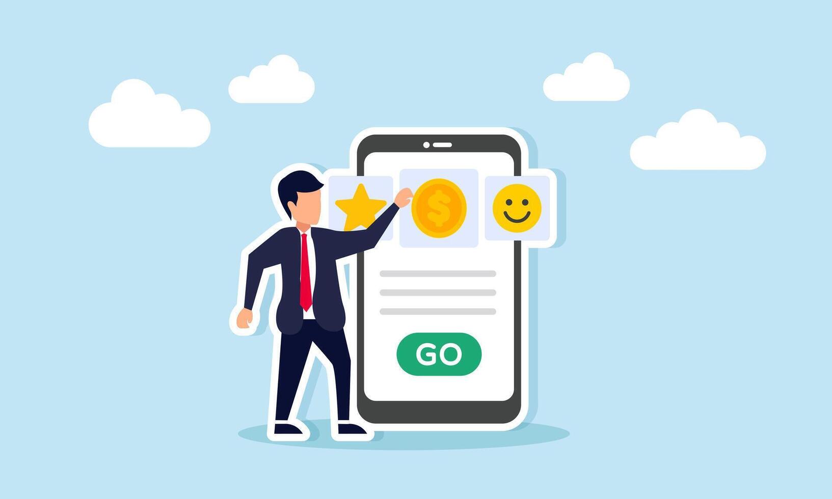 Businessman Stand Next to Smartphone Display Dollar Coin, Star, and Happy Emoji, Illustration of Choose Between Profit, Public Attention, or Business Quality Improvement vector