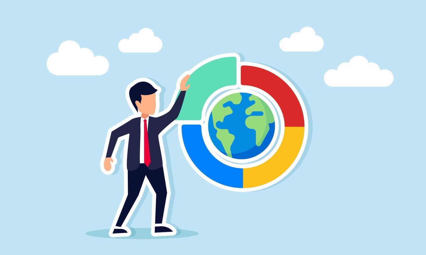 Businessman standing next to circle chart with globe inside illustration of diversification classification or segmentation of business fields or target market vector