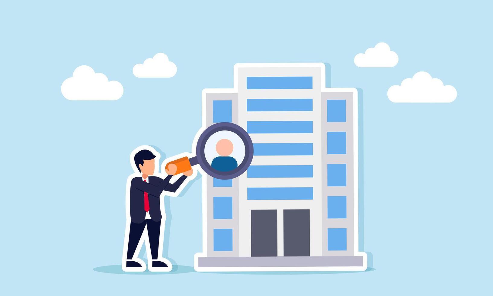 Businessman using magnifying glass to examine candidate profile from company building illustrating executive recruitment process vector