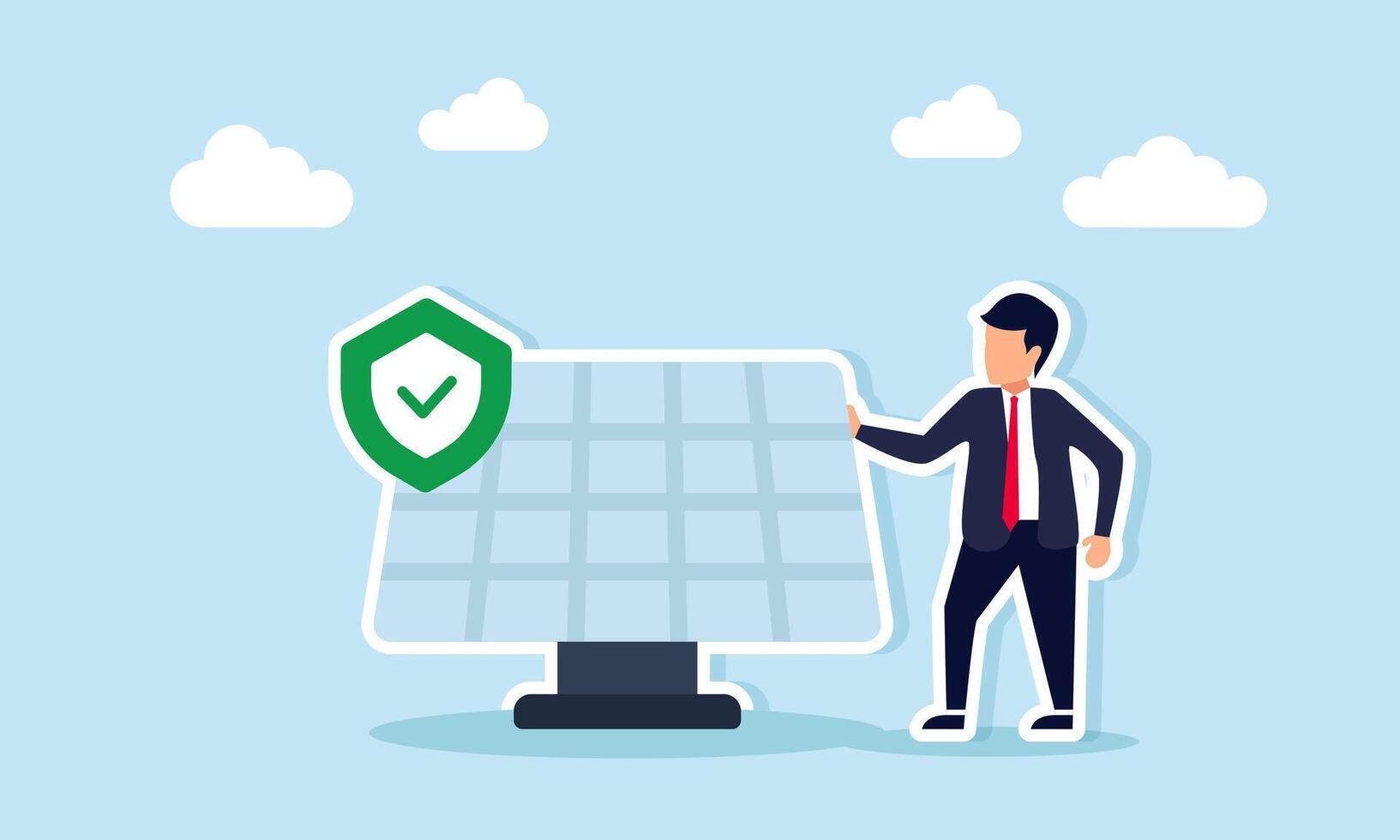 Businessman Standing Beside Solar Panel with Shield Checkmark Illustration of Trusted Renewable Energy Alternative vector