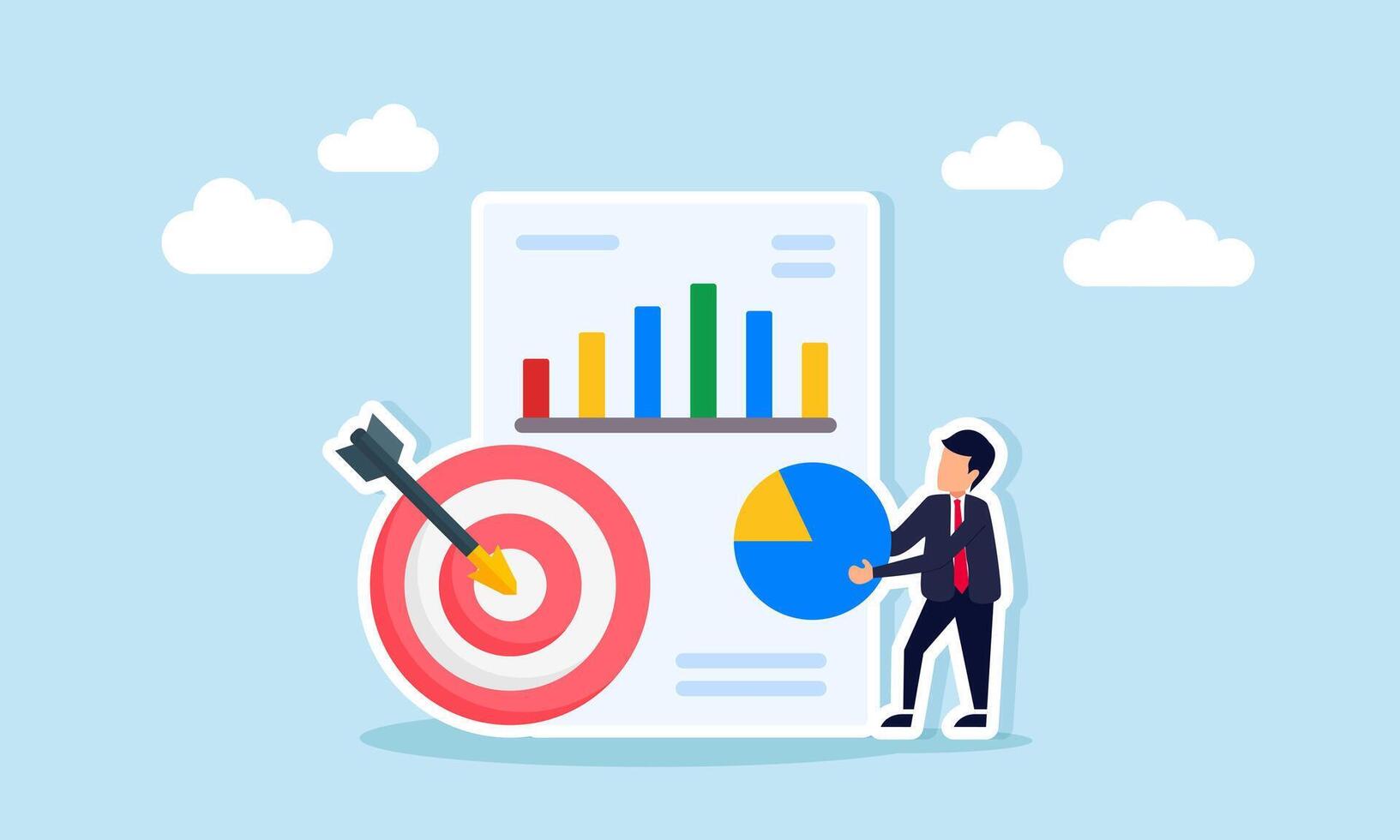 Businessman holding pie chart beside report paper showing chart and target board illustration of project report related to business targets vector