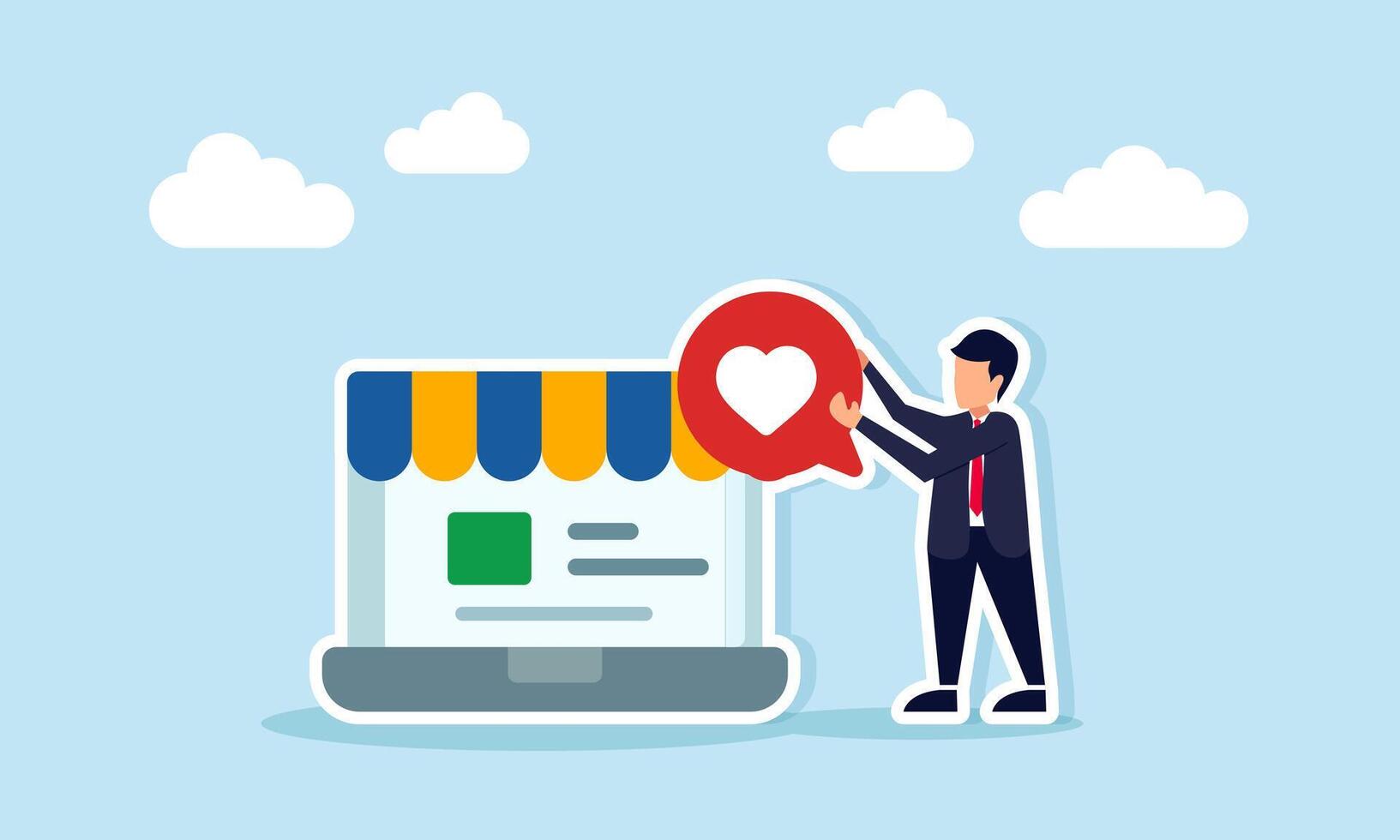 Businessman holding a chat bubble with a love icon next to a laptop with a canopy ornament, illustration of a highly popular and widely used marketplace vector