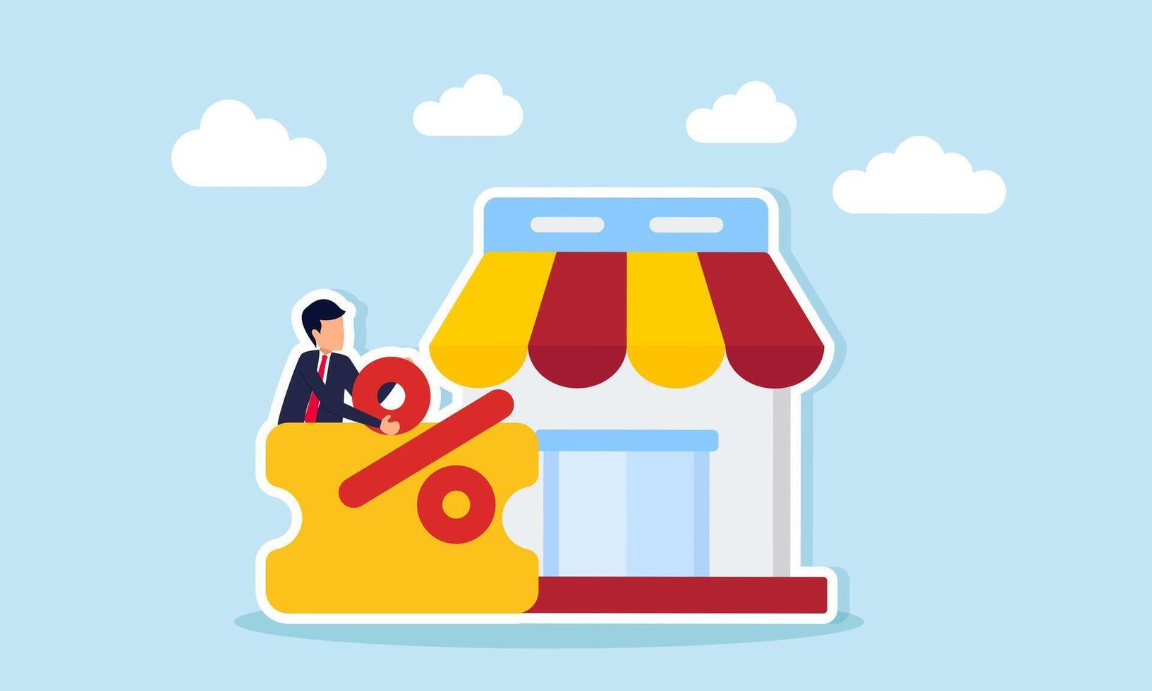 Businessman taking a percentage from a voucher near a store, illustration of business strategy in the form of promo sales vector