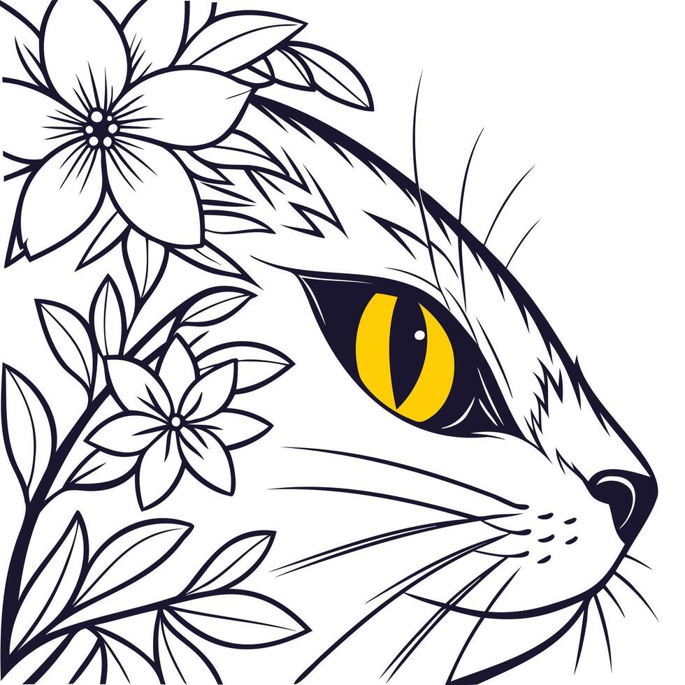 A black feline line art portrait with striking flowers and yellow eyes vector