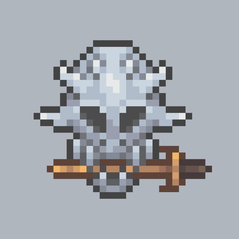 monster head with golden sword in pixel art style vector