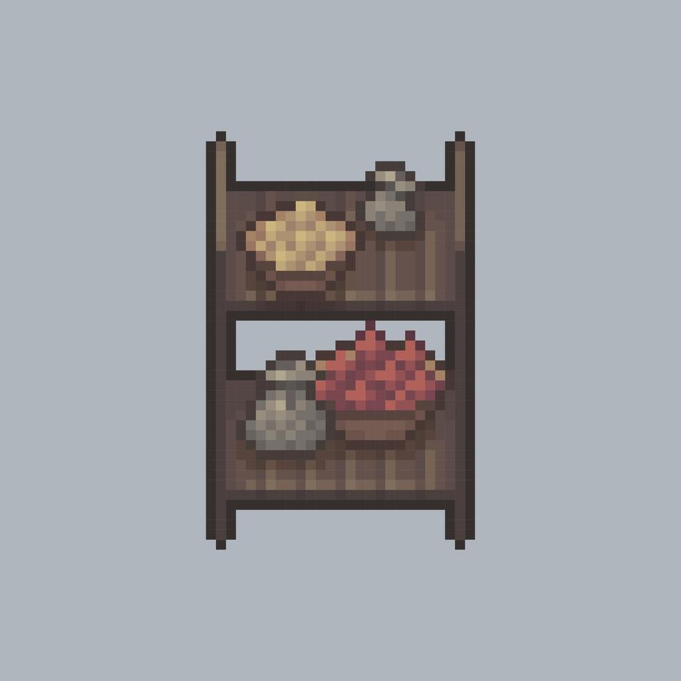 top view short double rack shelf with goods in pixel art style vector