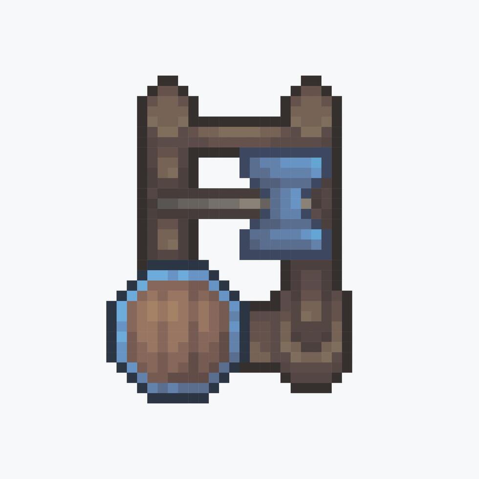 top view standing weapon rack with hammer and shield in pixel art style vector
