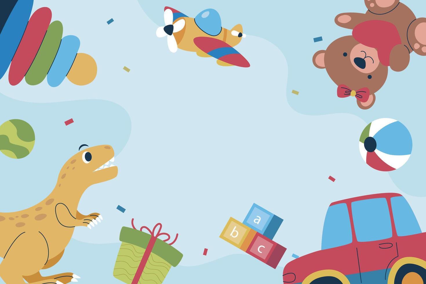 cute toys and dinosaur blue background in landscape screen vector