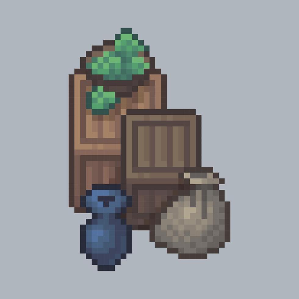 top view crate goods in pixel art style with isolated background vector