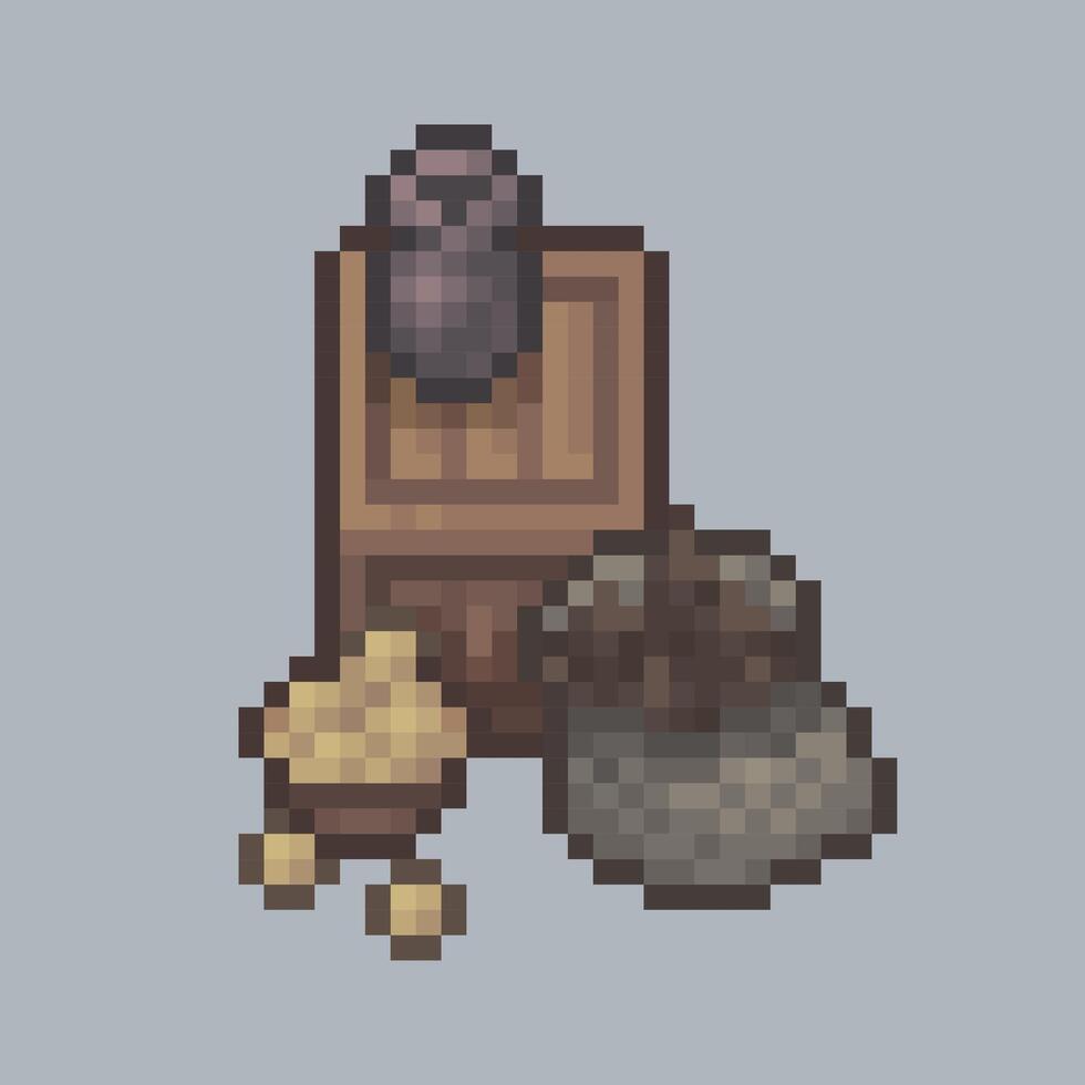 top view crate and sack goods in pixel art style with isolated background vector