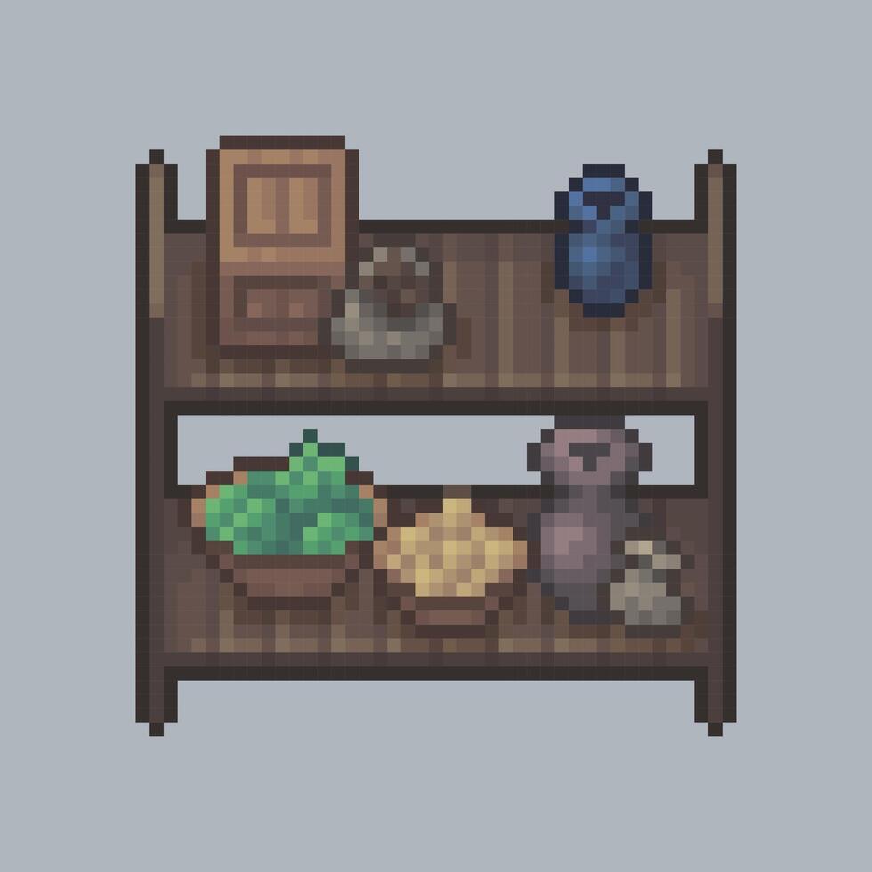 top view double rack shelf with goods in pixel art style vector