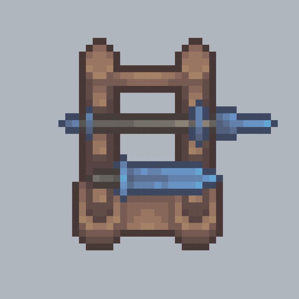 top view standing weapon rack in pixel art style with isolated background vector