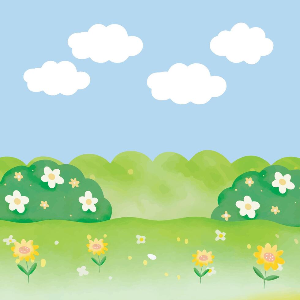 A Whimsical Spring Landscape with Flowers and Clouds in watercolor design vector