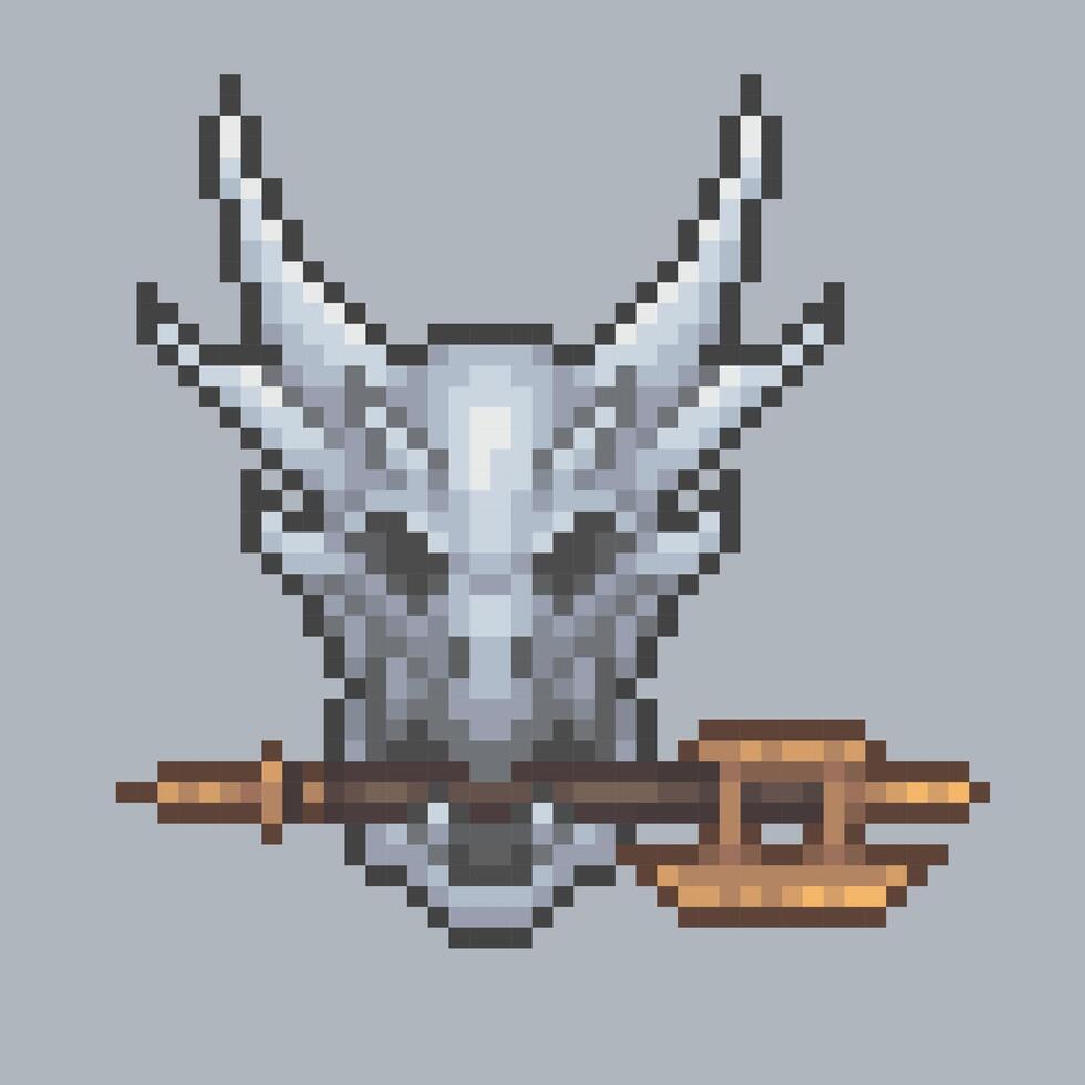 dragon skull with golden axe in pixel art style vector