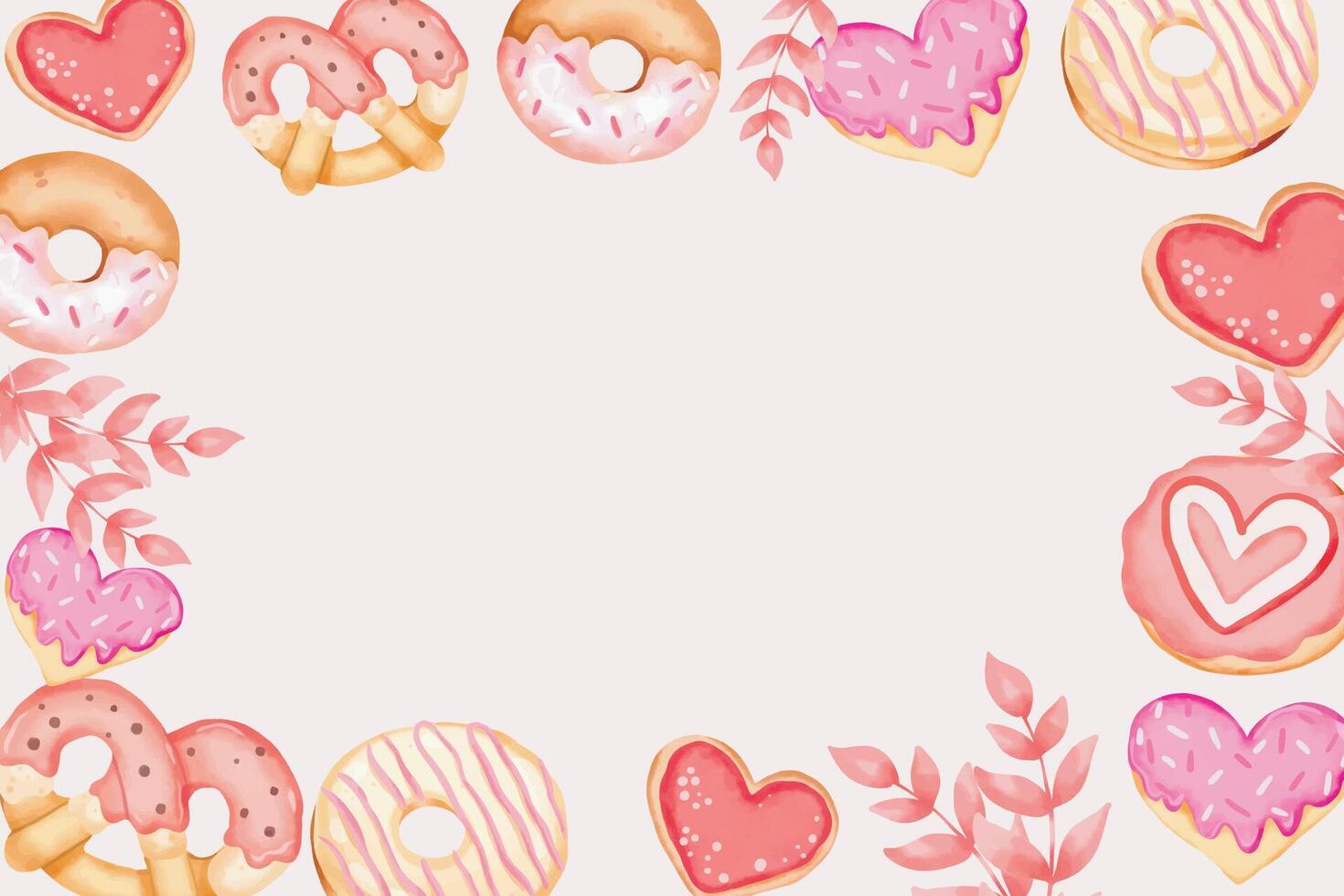 Valentine's Day Donuts and Heart-Shaped Cookies Watercolor Illustration vector
